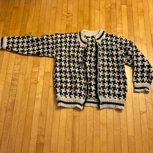 Wool green, grey, black, and cream cardigan, size medium-large
